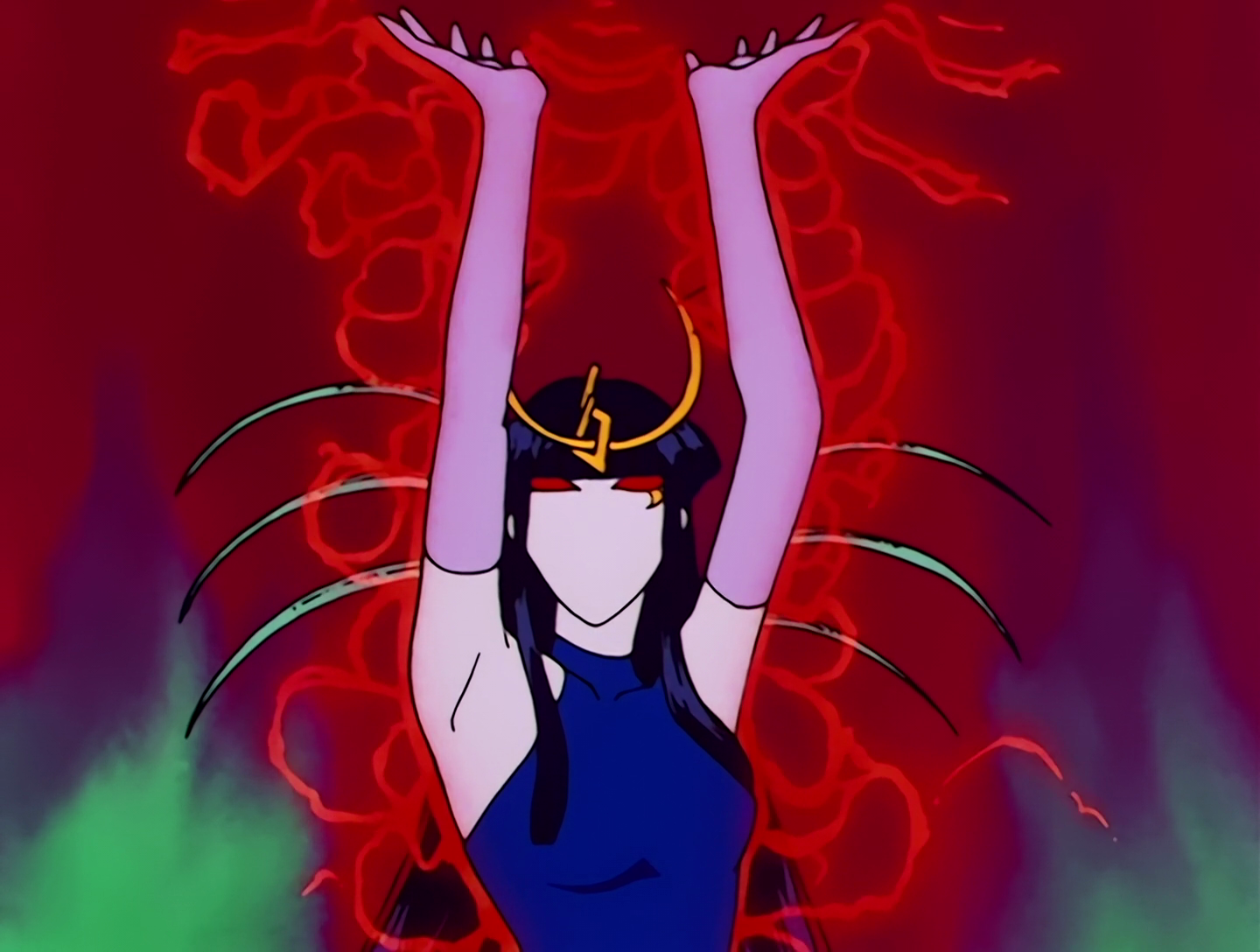 Thetis, a Youma from Sailor Moon episode 12. She has pale, off-white skin and long black hair with red eyes. The rest of her face lacks features. Her outfit is blue with lilac gloves, and she’s wearing a tiara with a large pointed crescent shape on it. Also both of her arms have three long, thin spikes coming off them.